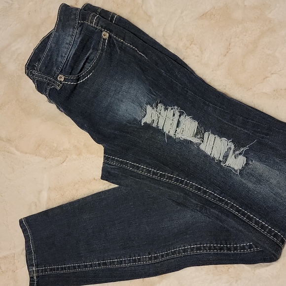 Wishful Park distressed dark washed skinny denim jeans Low rise fit Size 7 - Picture 2 of 7